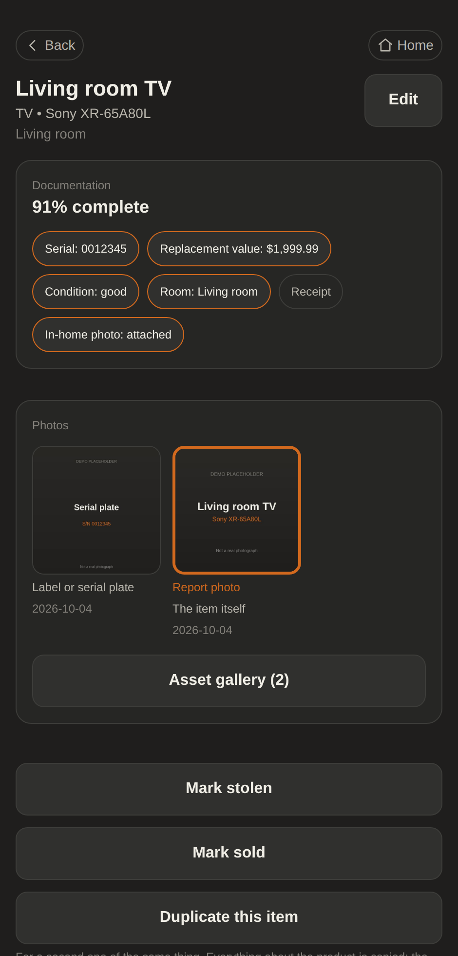 An item’s detail screen